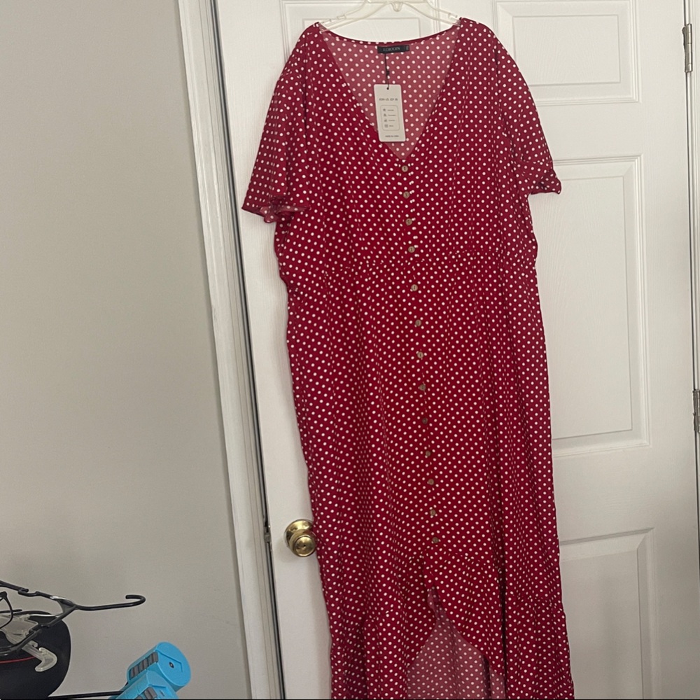 Elegant Red Polka Dot Midi Dress